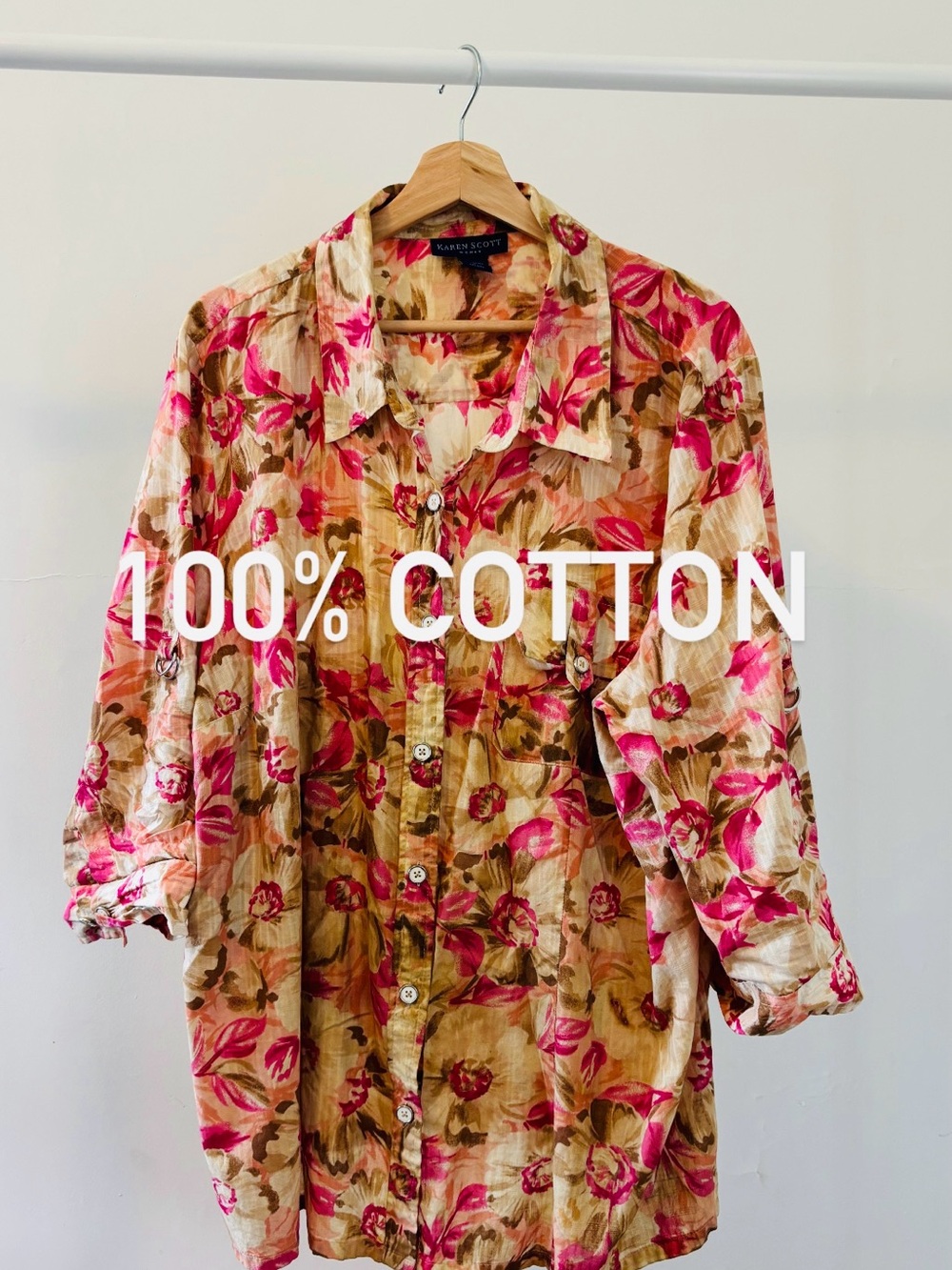Karen Scott Woman | 100% Cotton | Floral Button-Up Blouse| Size 3XL